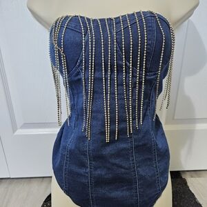 BLASHE Rhinestone fringe Denim Bodysuit size L
